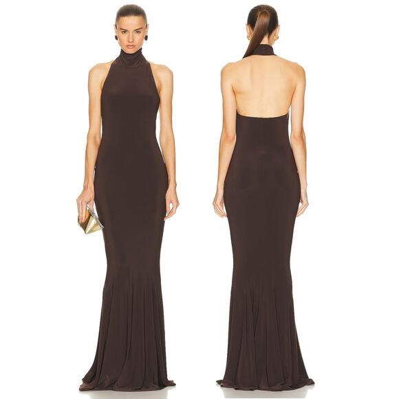 Norma Kamali Halter Turtleneck Fishtail Gown Maxi Formal Elegant Chocolate Sz L - Picture 1 of 8